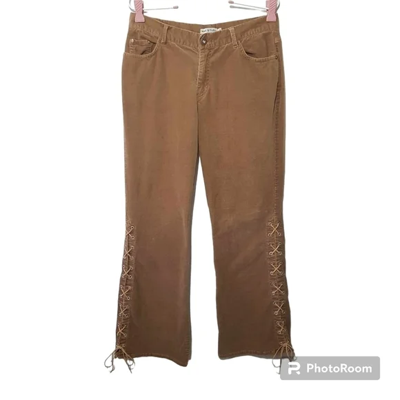 Max Studio Lace Up Brown Corduroy Pants Midrise Bootcut Flare - Picture 1 of 12